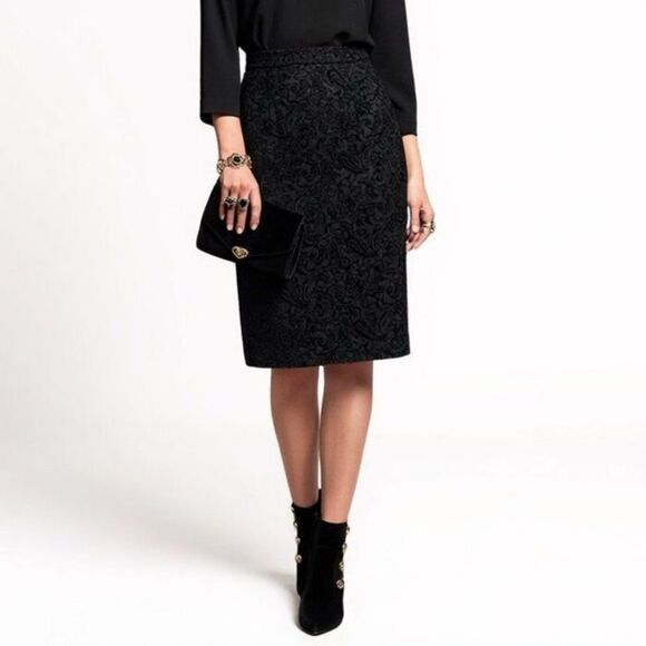 New Anne Klein Pencil Skirt Midi Velvet Paisley Elastic Waist Black Size Large - Picture 1 of 10